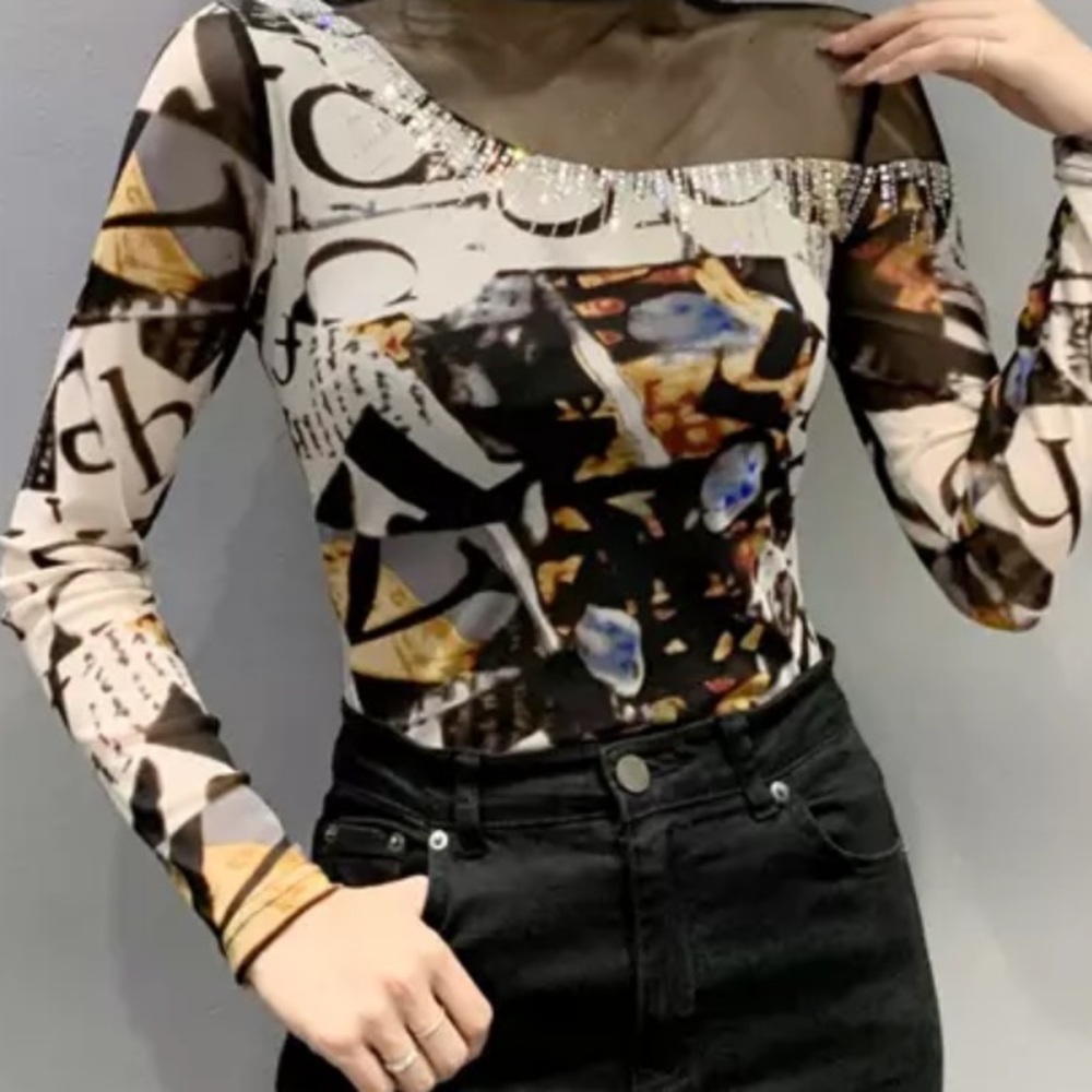 š Pre Order New Black Sheer Mesh Color Bloc Print Turtleneck Top - Picture 9 of 9